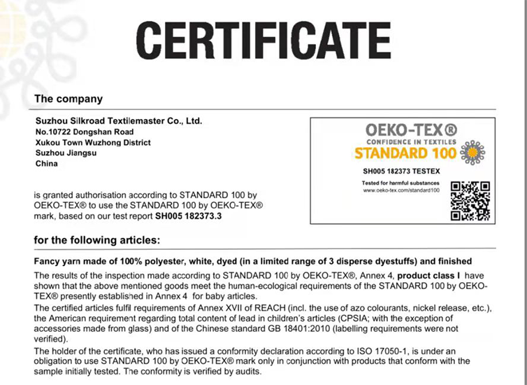 Inspection Certificate OEKO-TEX Standard 100 Product Class I